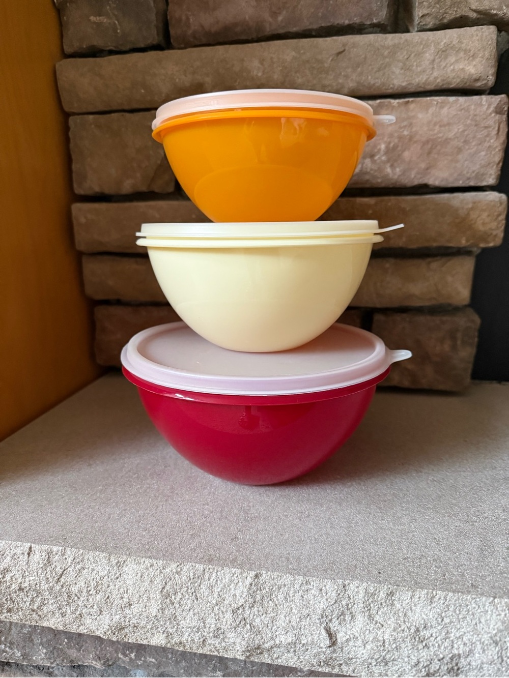 Vintage Tupperware 1970s Stackable Mixing and Storage Bowls - Red, Cream, Orange